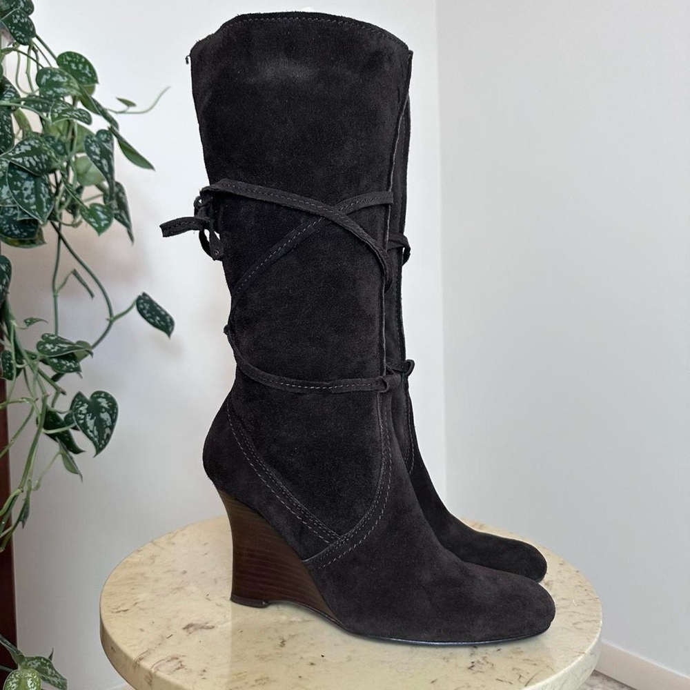 Vintage 90s 2000s knee high chunky square rounded toe high heel wedge boots
